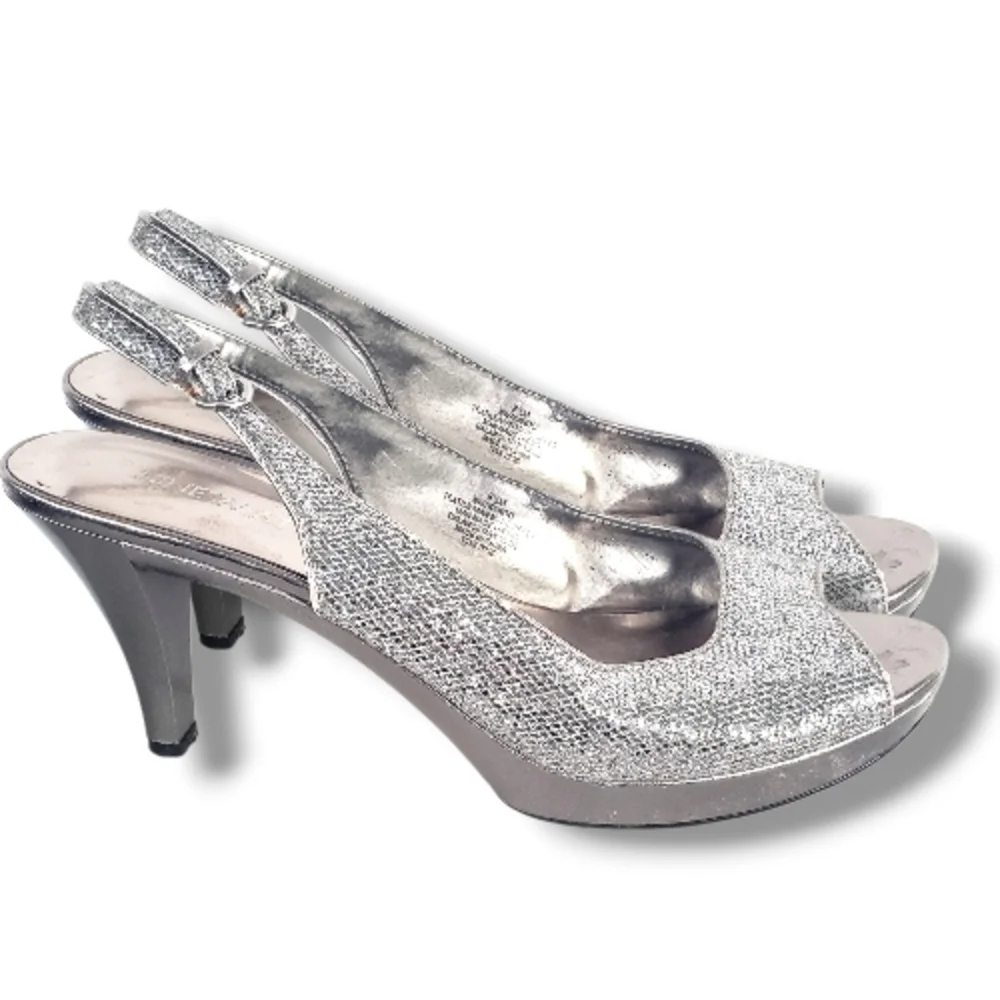 Nine West Silver Glitter Slingback Heels